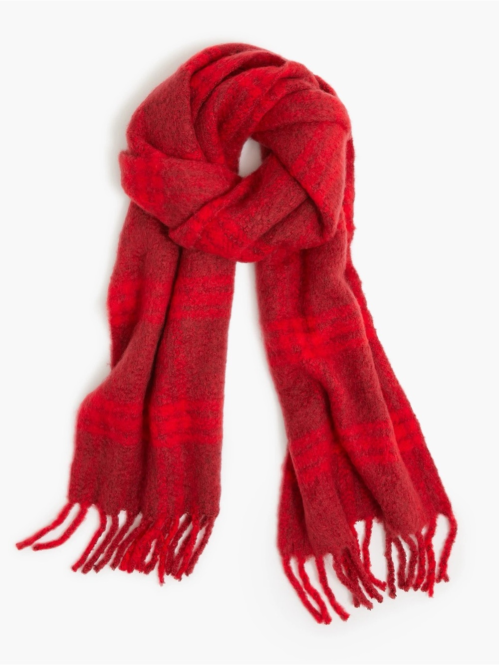 J. Crew Soft Plaid Scarf Red Unisex One Size Fringe Textured Cozy Preppy Winter